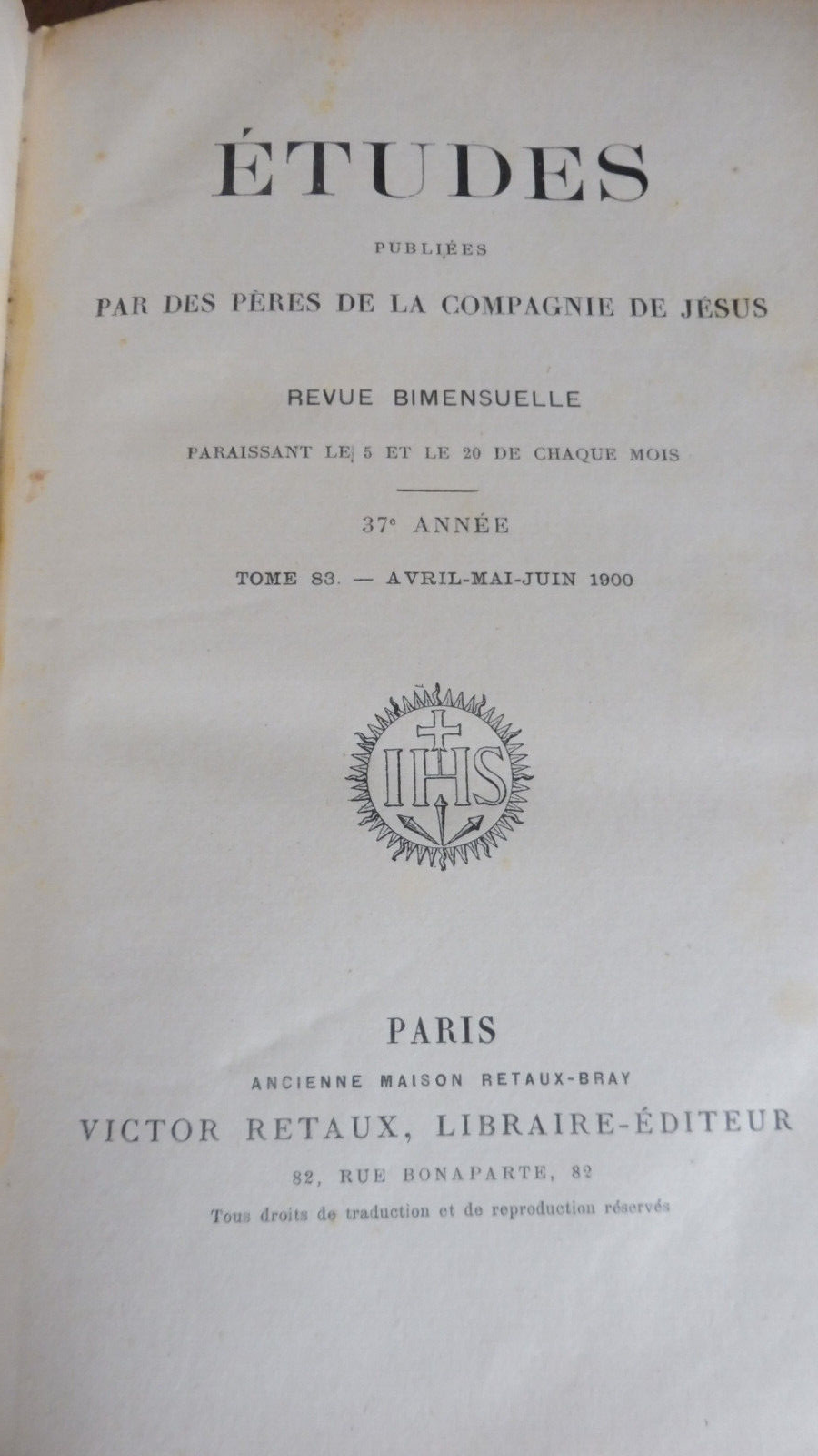 Etudes des jésuites avril, mai, juin 1900