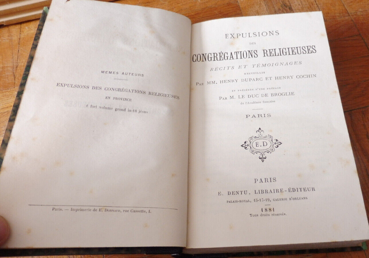 Expulsion des congrégations religieuses (Duparc et Cochin) 1881