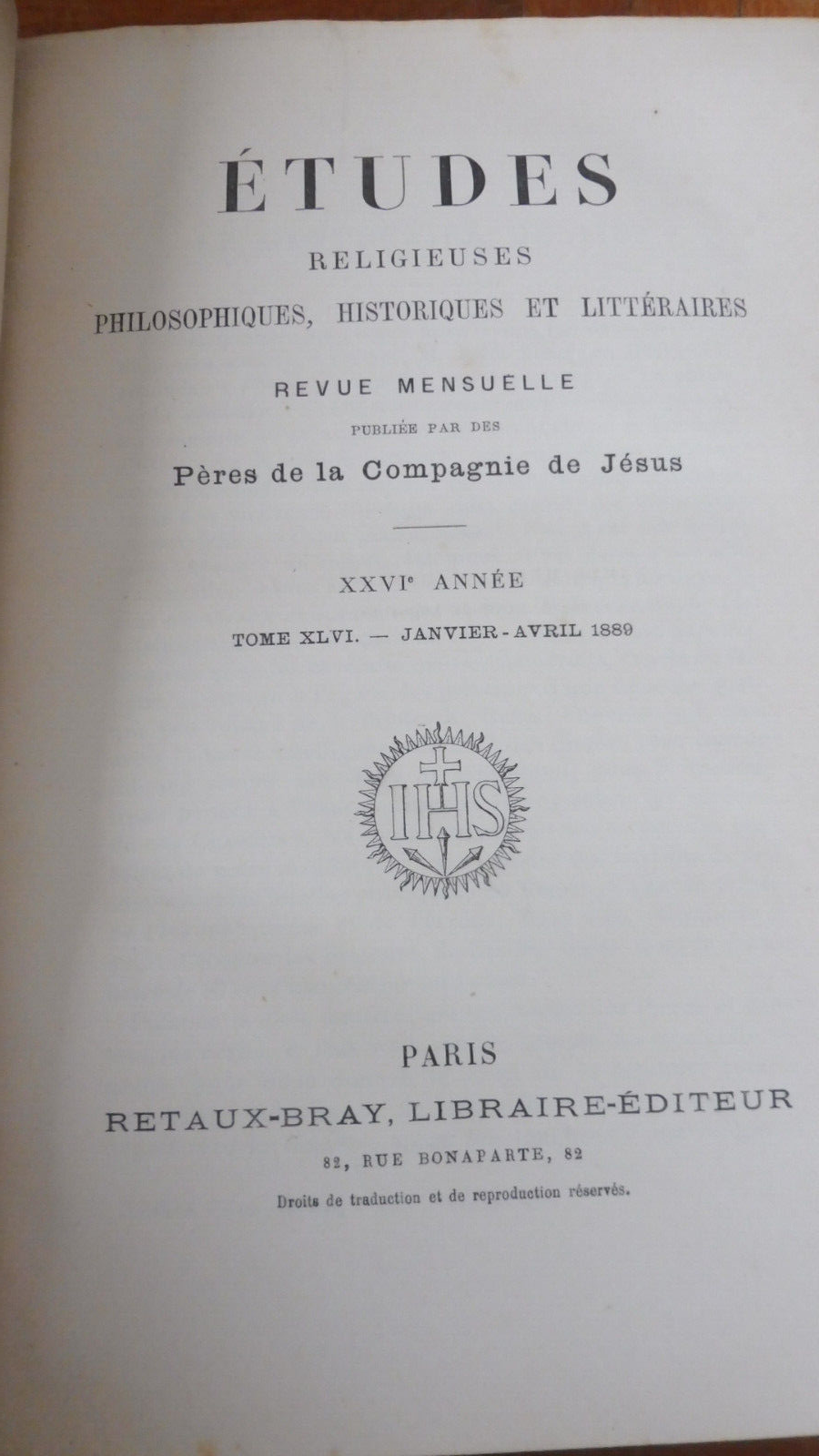 Etudes des jésuites janvier-avril 1889