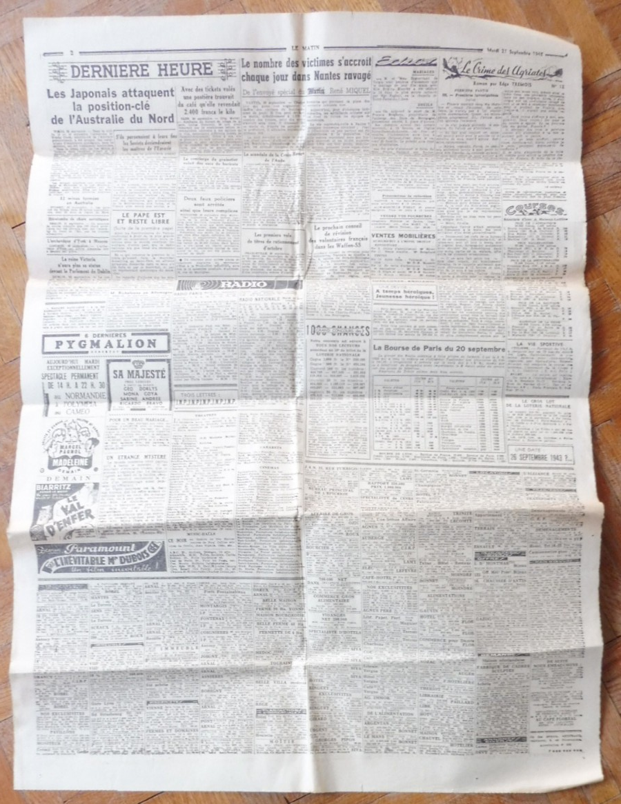 Le Matin 21 septembre 1943 MUSSOLINI, MARCHE NOIR
