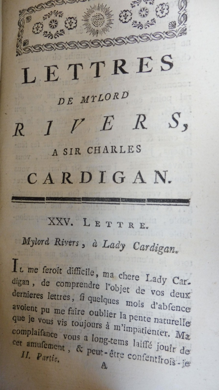 Lettres de Mylord Rivers à Sir Charles Cardigan (Riccoboni) 1777 2 t. en 1 vol.