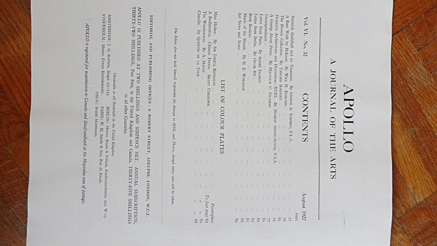 Apollo. A journal of the arts. Vol. VI. N°32 august 1927