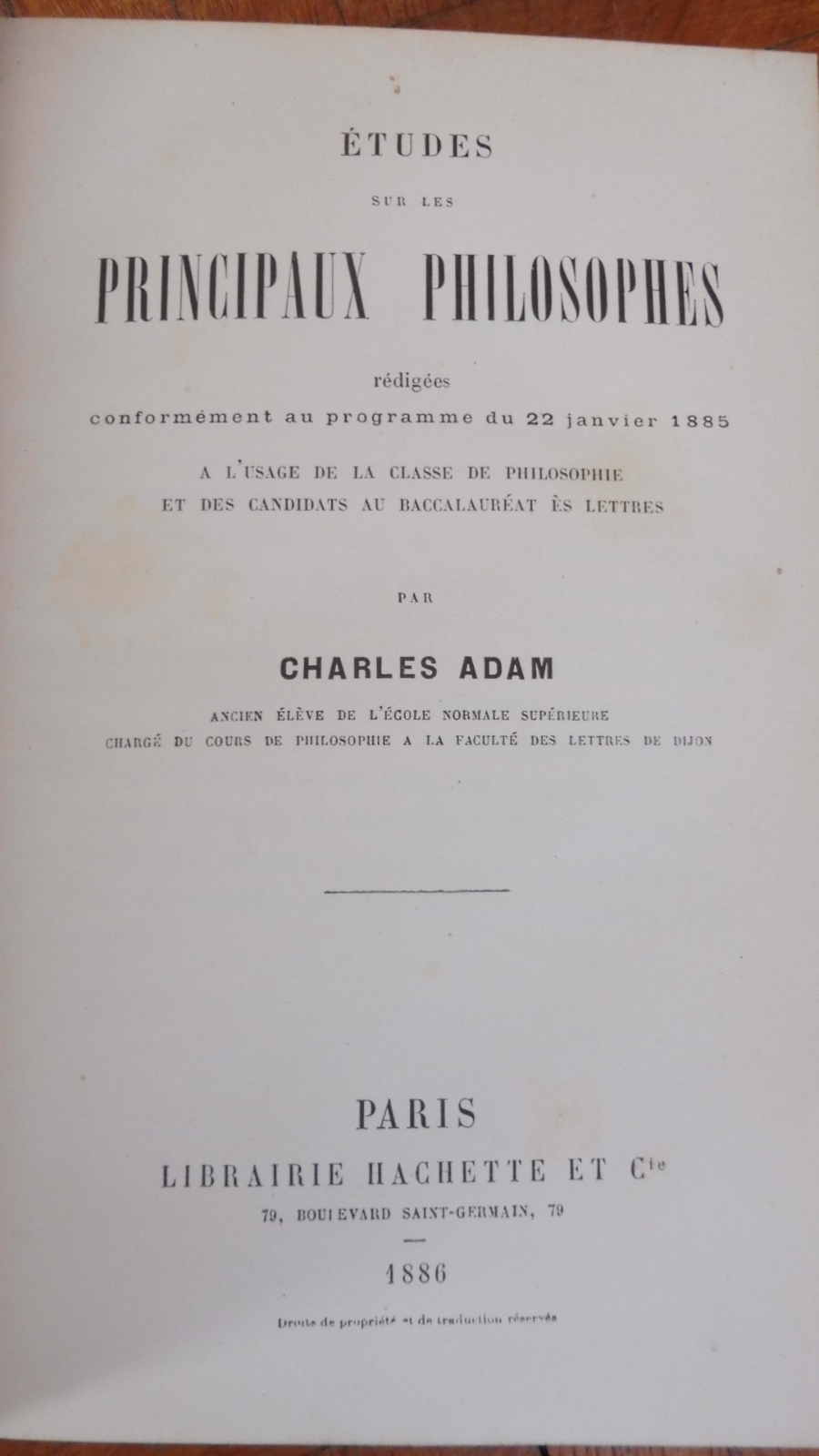 Etudes sur les principaux philosophes (Ch. Adam) 1886
