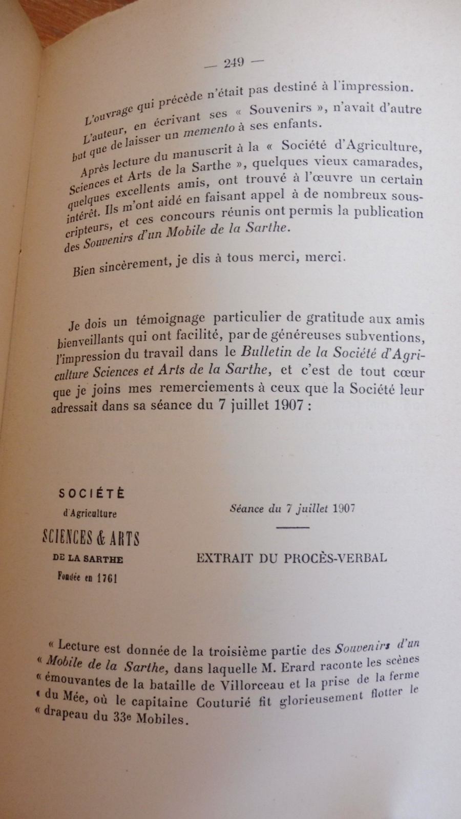 Souvenirs d'un mobile de la Sarthe (D. Erard) 1911 ENVOI
