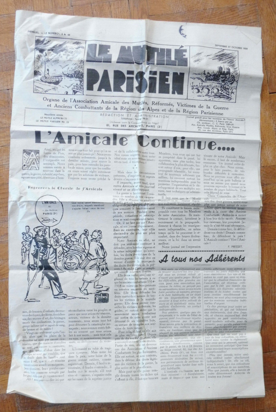 Le Mutilé Parisien sept. oct. 1939 Amicale des Mutilés, Réformés