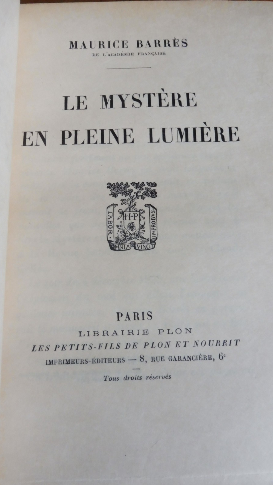 Le Mystère en pleine lumière (Maurice Barrès) 1926 EO JAPON