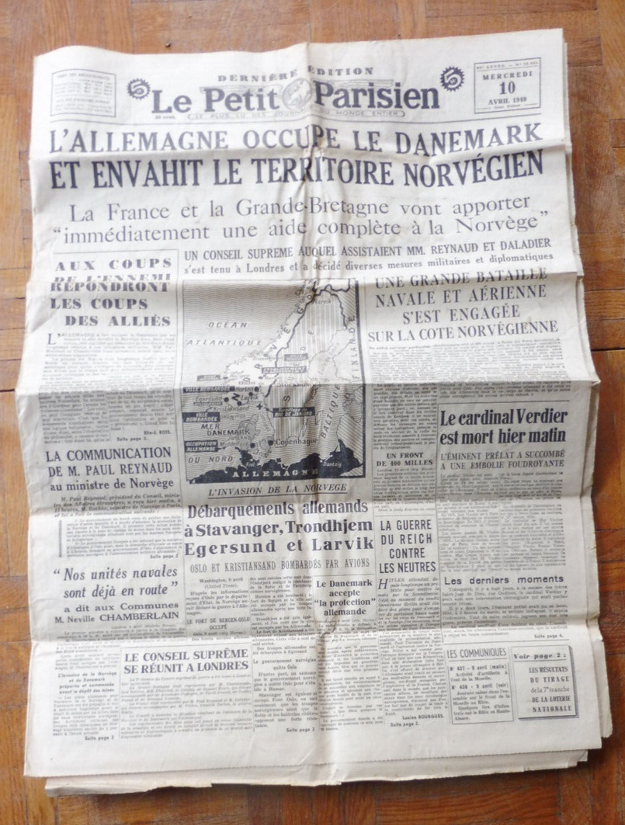 Le Petit Parisien 10 avril 1940 DANEMARK OCCUPE VERDIER HITLER SCANDINAVIE