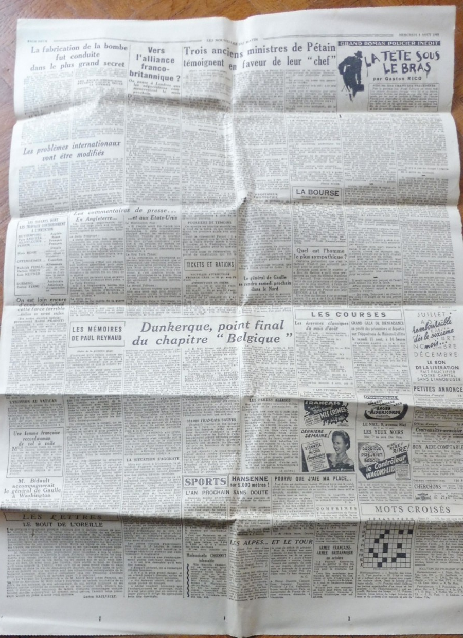 Les Nouvelles du Matin 8 aout 1945 HIROSHIMA