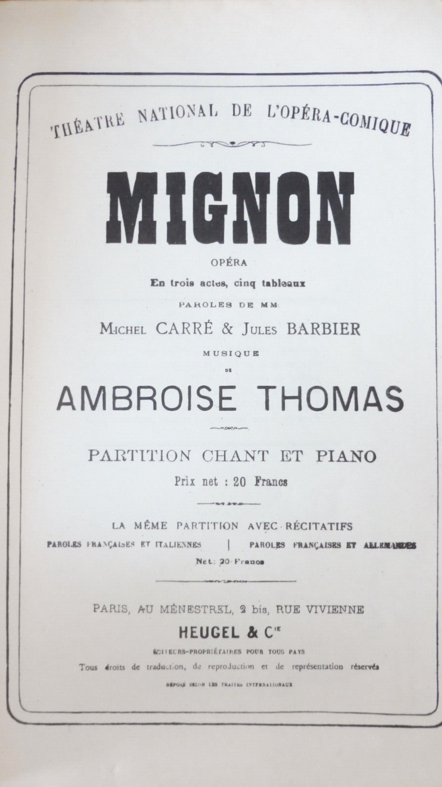 Mignon. Opéra comique en 3 actes (Carré et Barbier) 1926 PARTITION