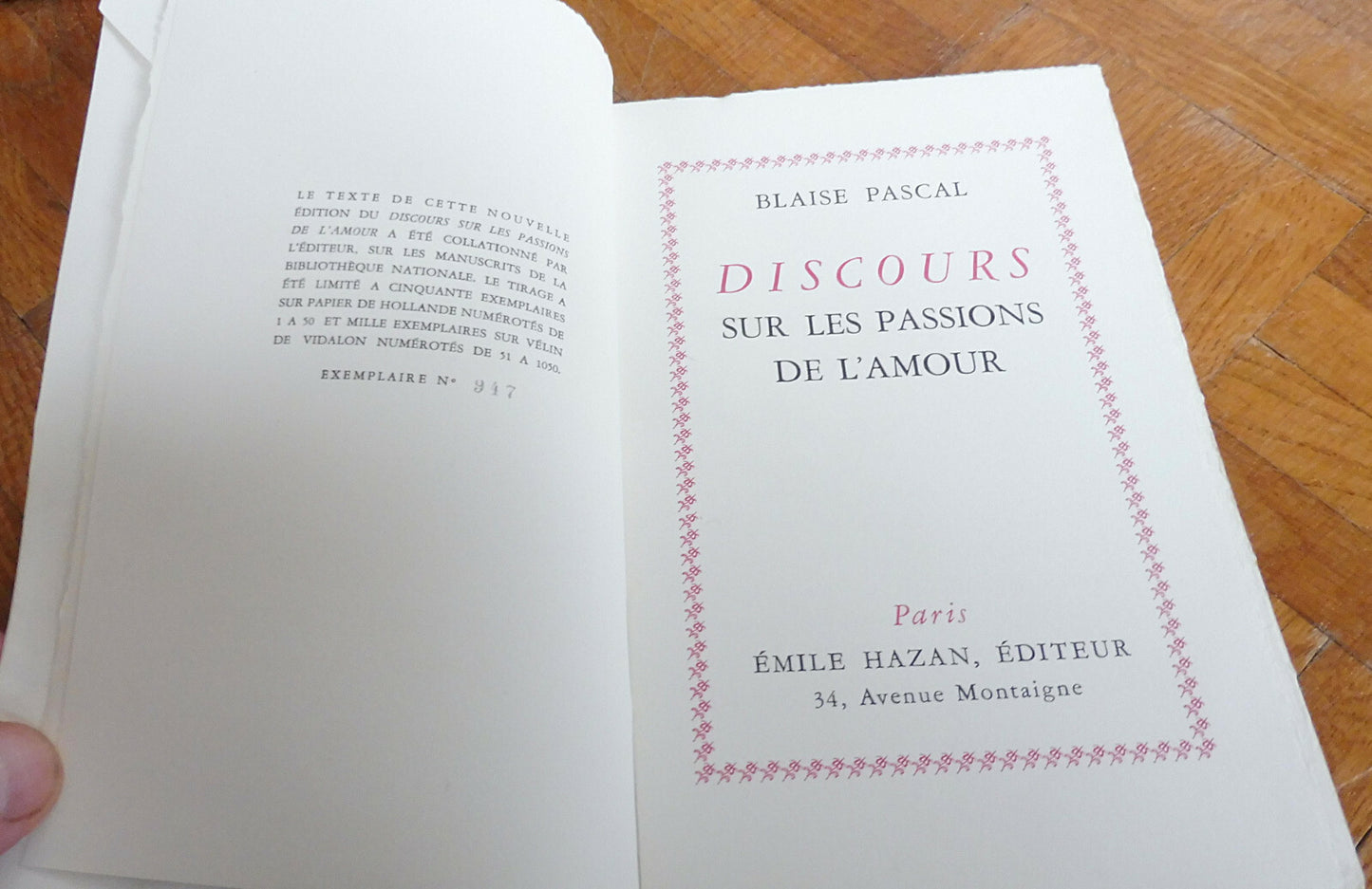 Discours sur les passions de l'amour (Blaise Pascal) 1934 NUMEROTE