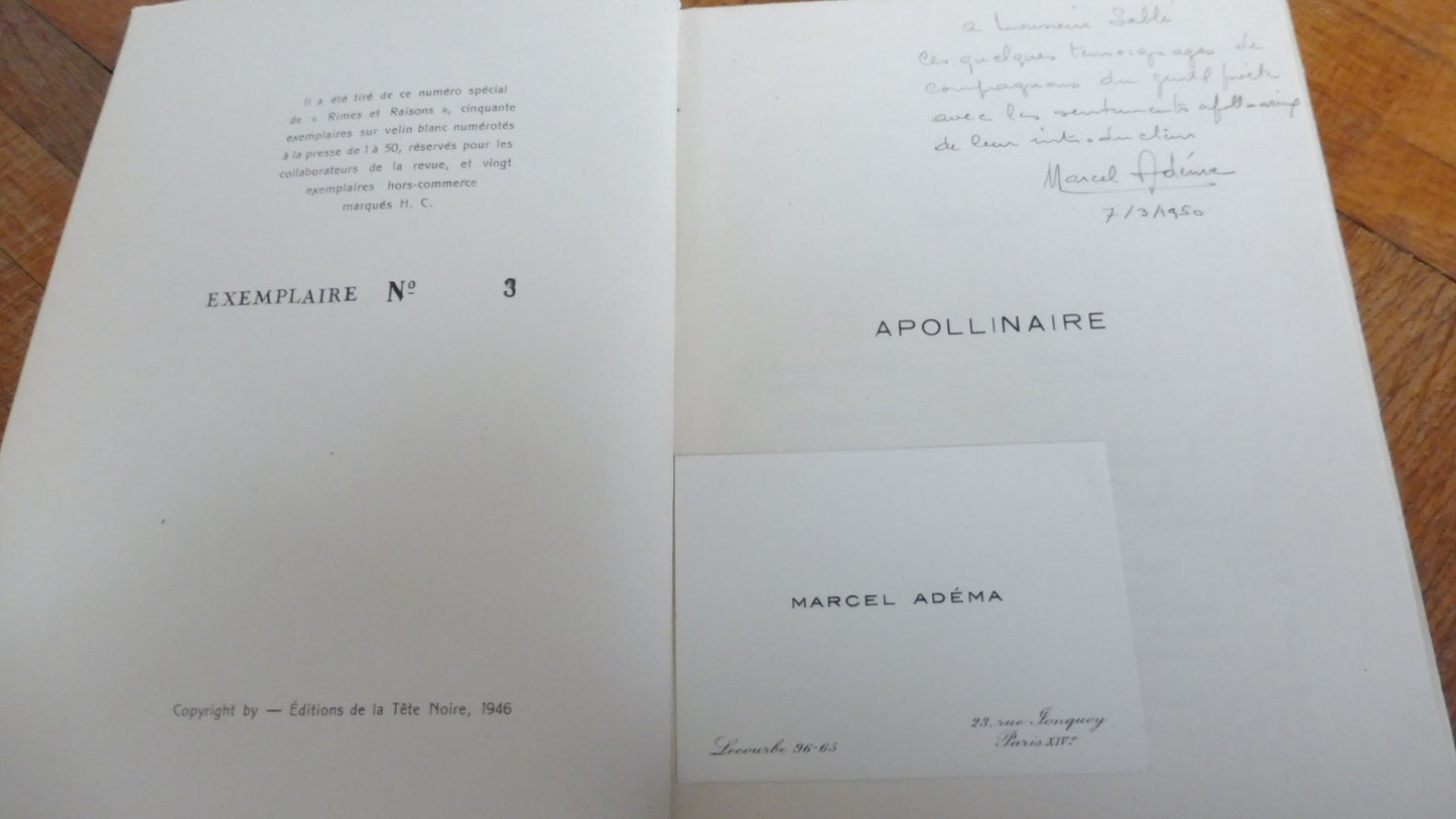 Guillaume Apollinaire. Souvenirs et témoignages (Marcel Adéma dir.) 1946 ENVOI