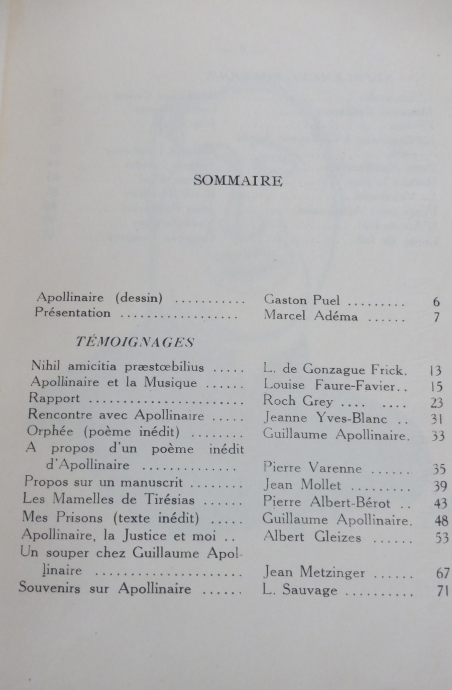 Guillaume Apollinaire. Souvenirs et témoignages (Marcel Adéma dir.) 1946 ENVOI