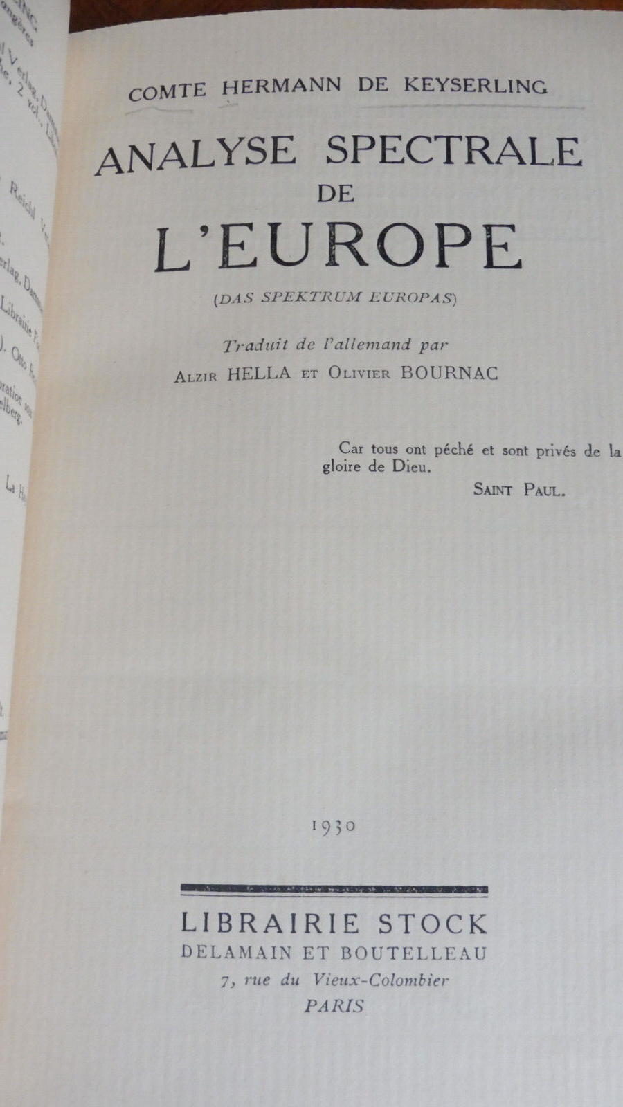 Analyse spectrale de l'Europe (Comte H. De Keyserling) 1930