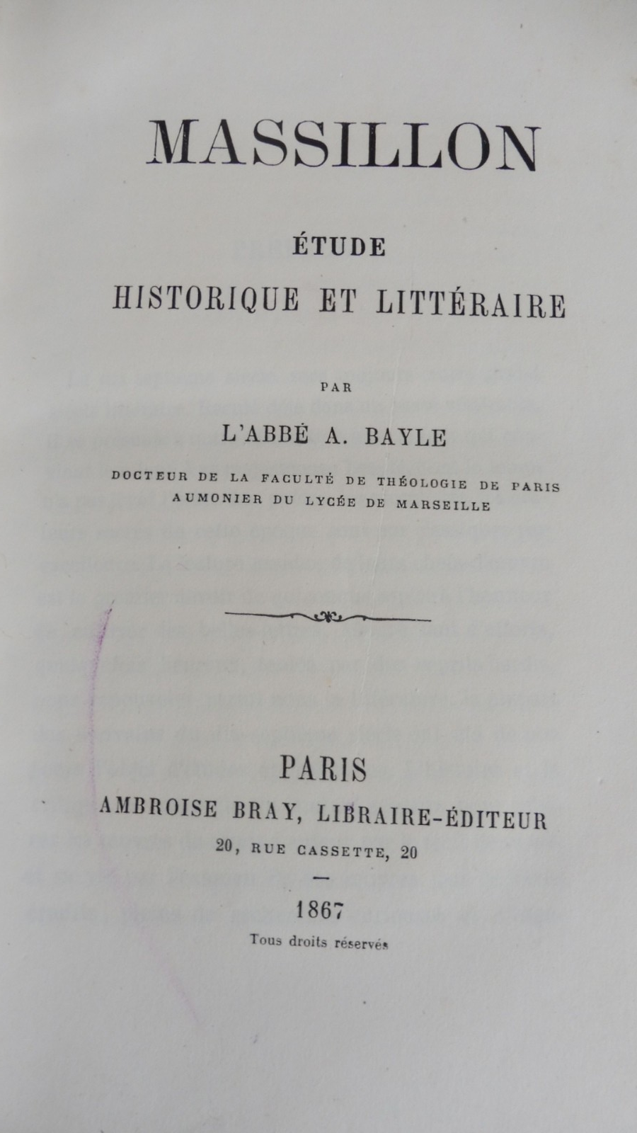 Massillon. Etude historique et littéraire (A. Bayle) 1867