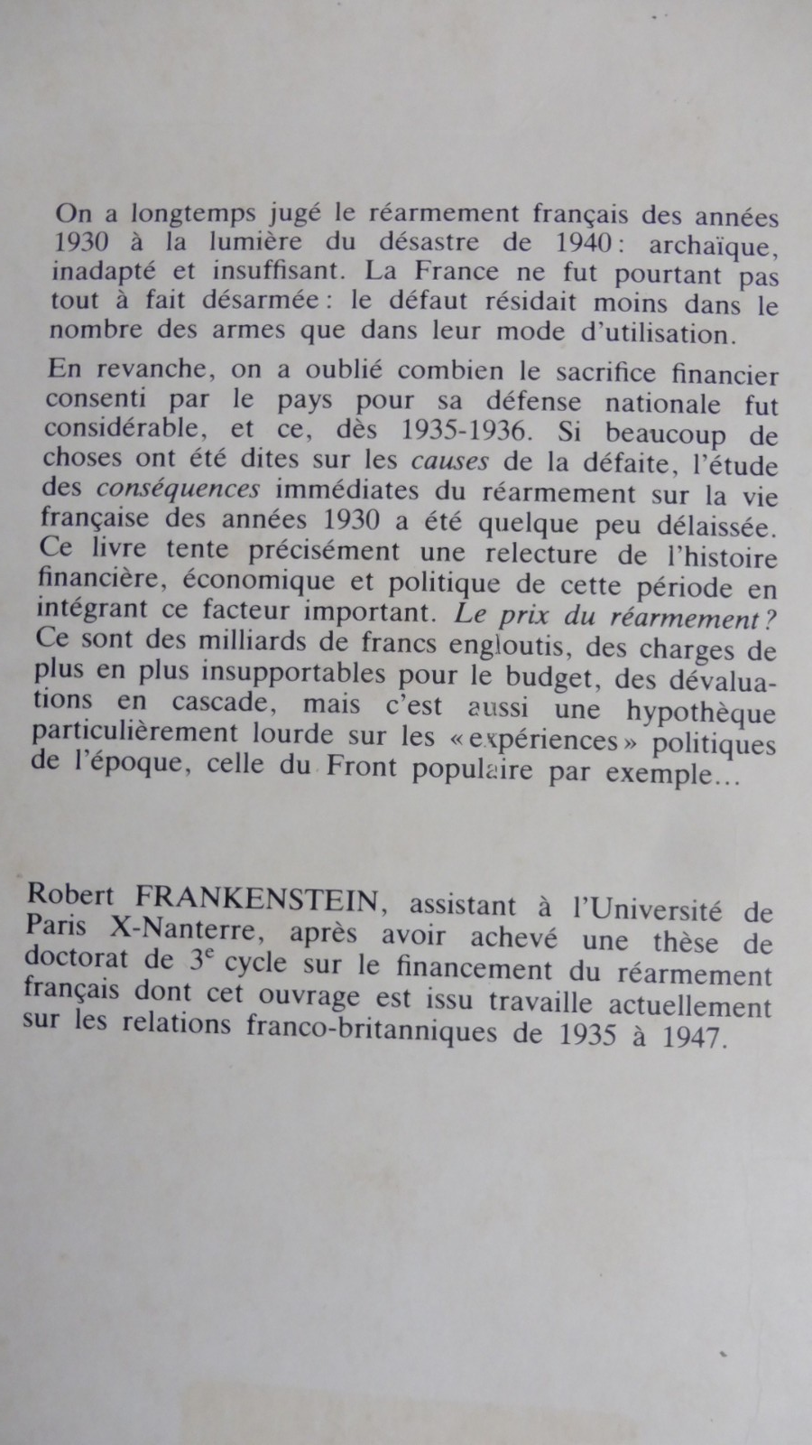 Le Prix du réarmement français. 1935-1939 (Robert Frankenstein) 1982
