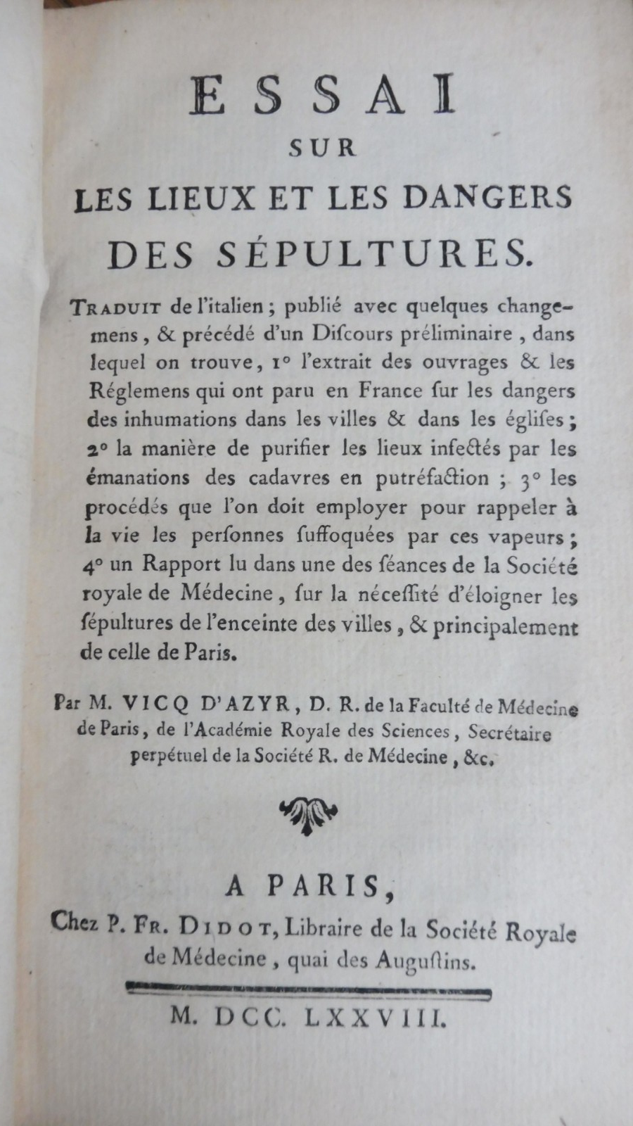 Essai sur les lieux et les dangers des sépultures (Vicq d'Azir trad.) 1778
