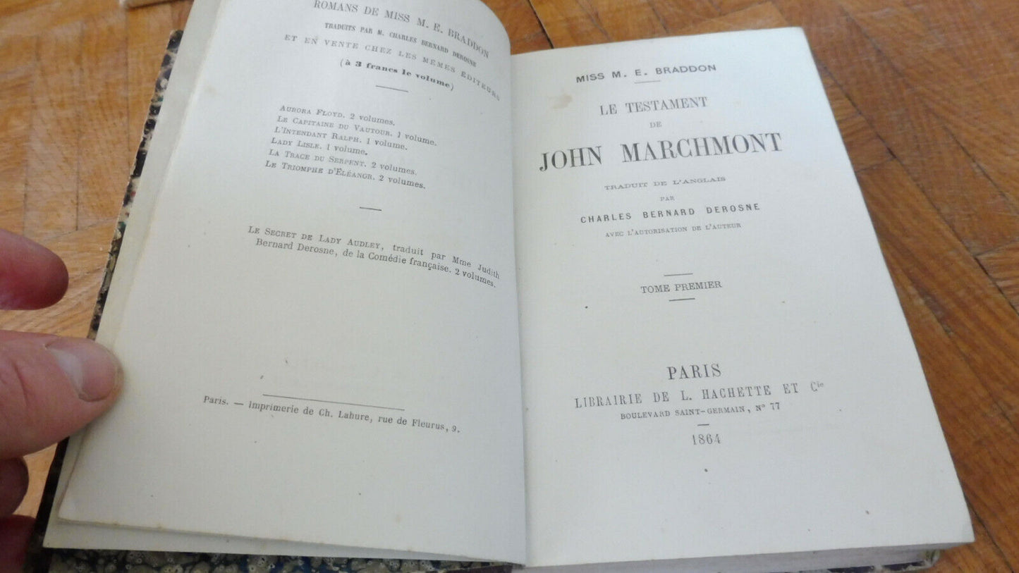 Testament de John Marchmont (M. E. Braddon) 1864 2 tomes en 1 vol. COMPLET EO