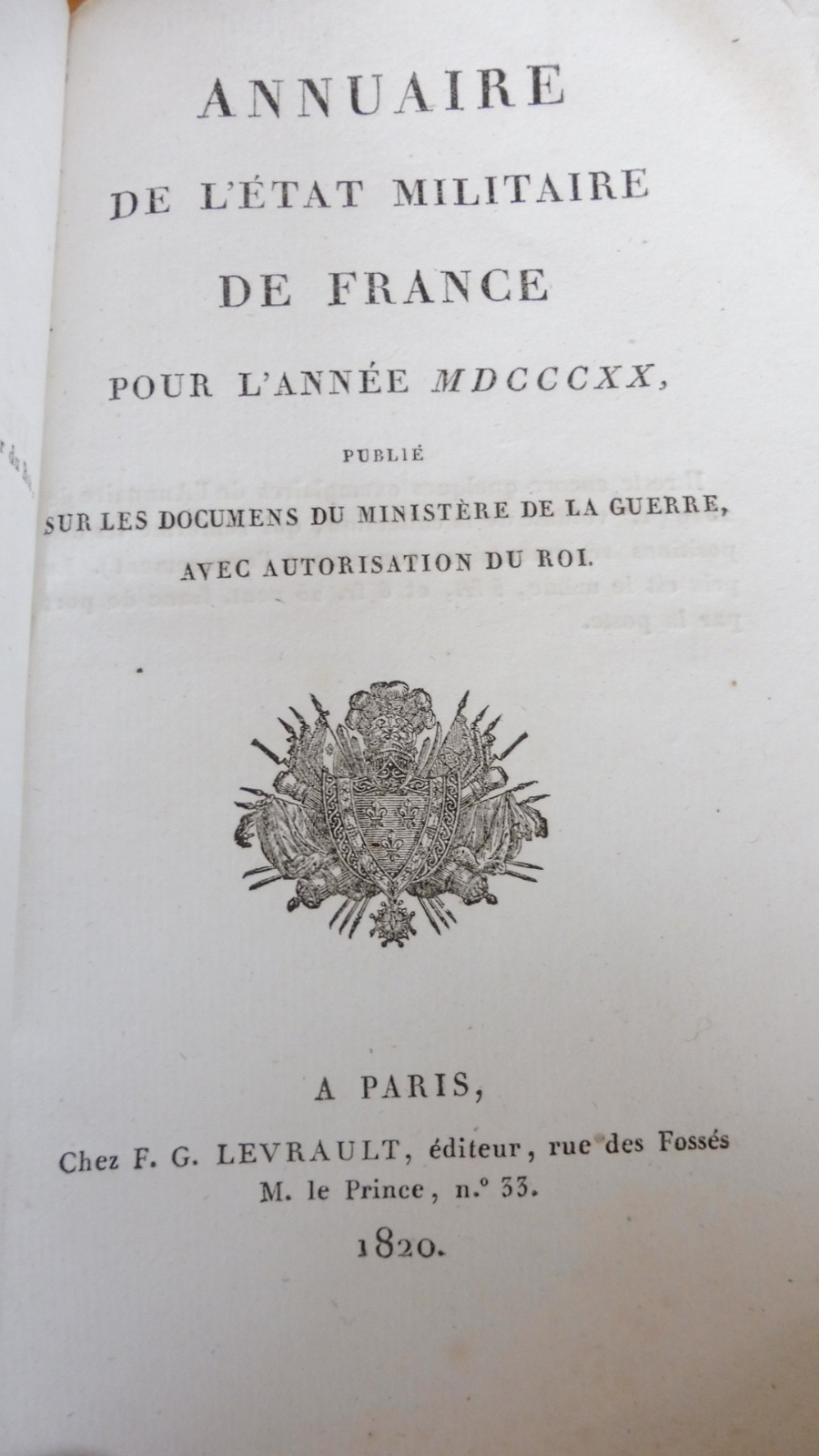 Annuaire de l'état militaire de France pour l'année 1820 RESTAURATION