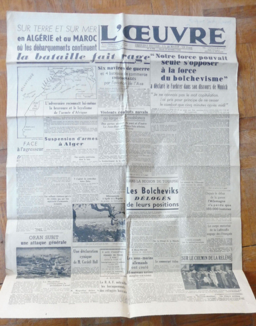 L'Oeuvre 10 novembre 1943 DEBARQUEMENT ALGERIE MAROC HITLER
