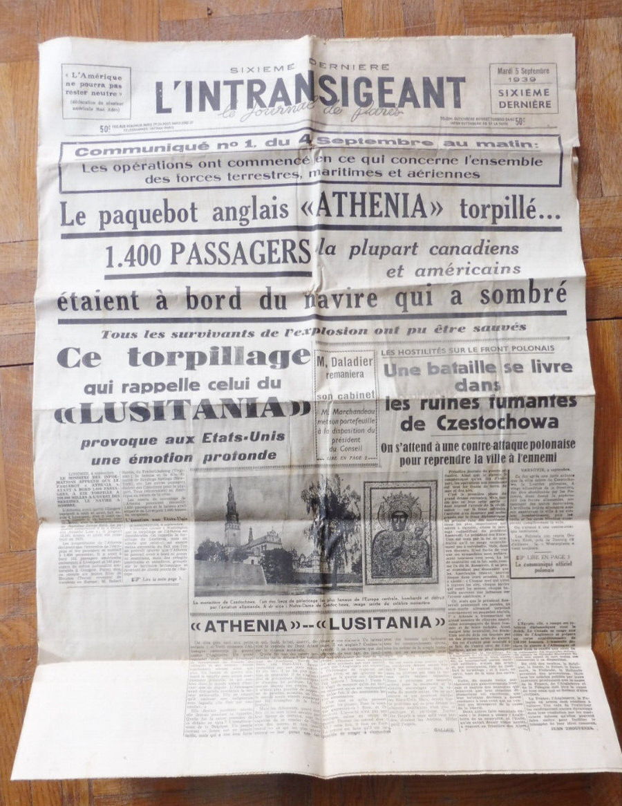 L'Intransigeant 5 sept. 1939 L'ATHENIA TORPILLE POLOGNE