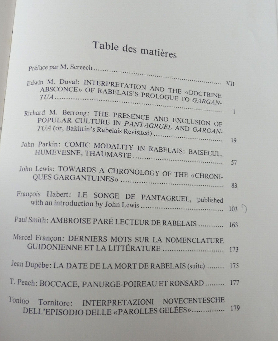 Etudes rabelaisiennes. Tome XVIII (Screech) 1985 RENAISSANCE