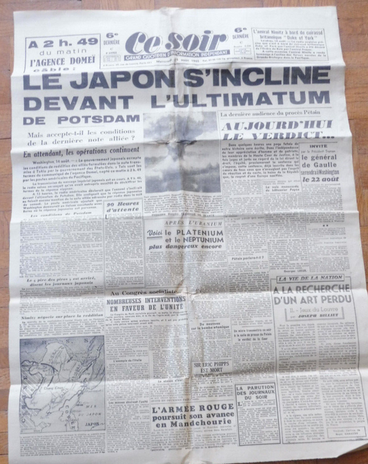 Ce soir 15 août 1945 CAPITULATION DU JAPON BOMBE ATOMIQUE