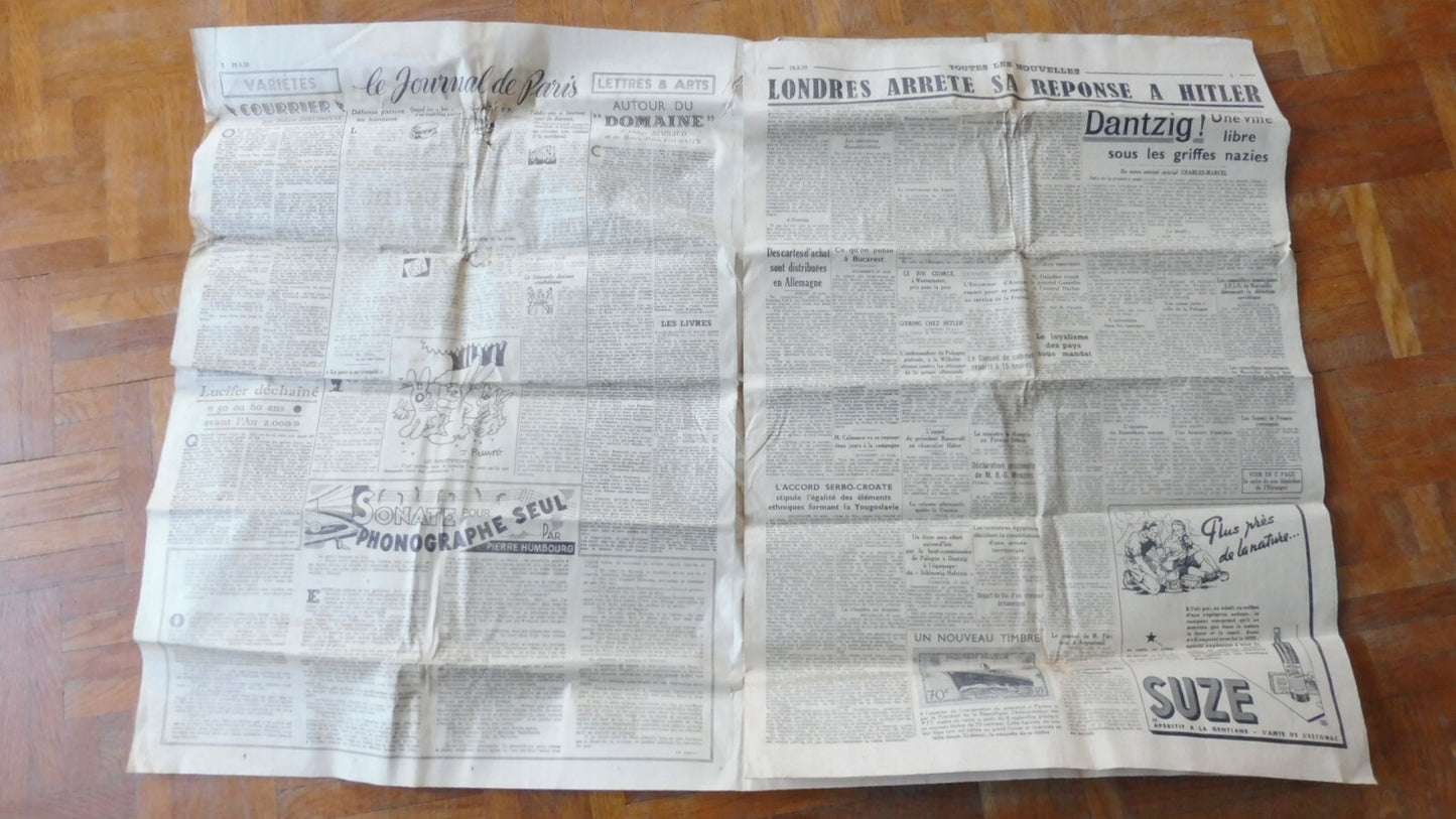 L'Intransigeant 28 août 1939 LONDRES ET HITLER DANTZIG FEMMES & DEFFENSE PASSIVE