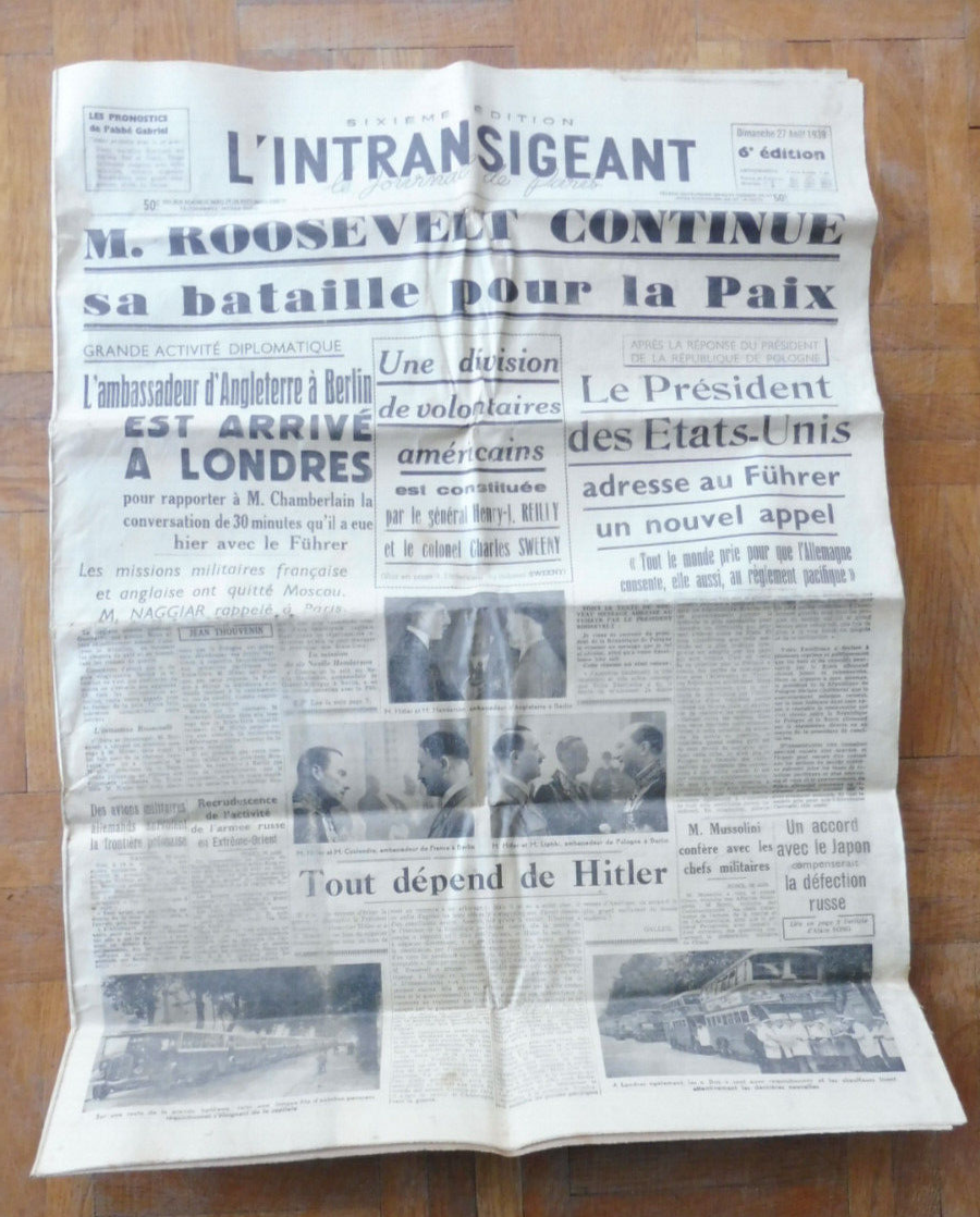 L'Intransigeant 27 août 1939 NEGOCIATIONS ROOSEVELT AMBASSADER D'ANGLETERRE