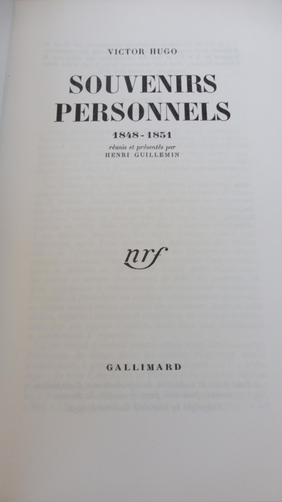 Souvenirs personnels 1848-1851 (Victor Hugo) 1952 VELIN NUMEROTE