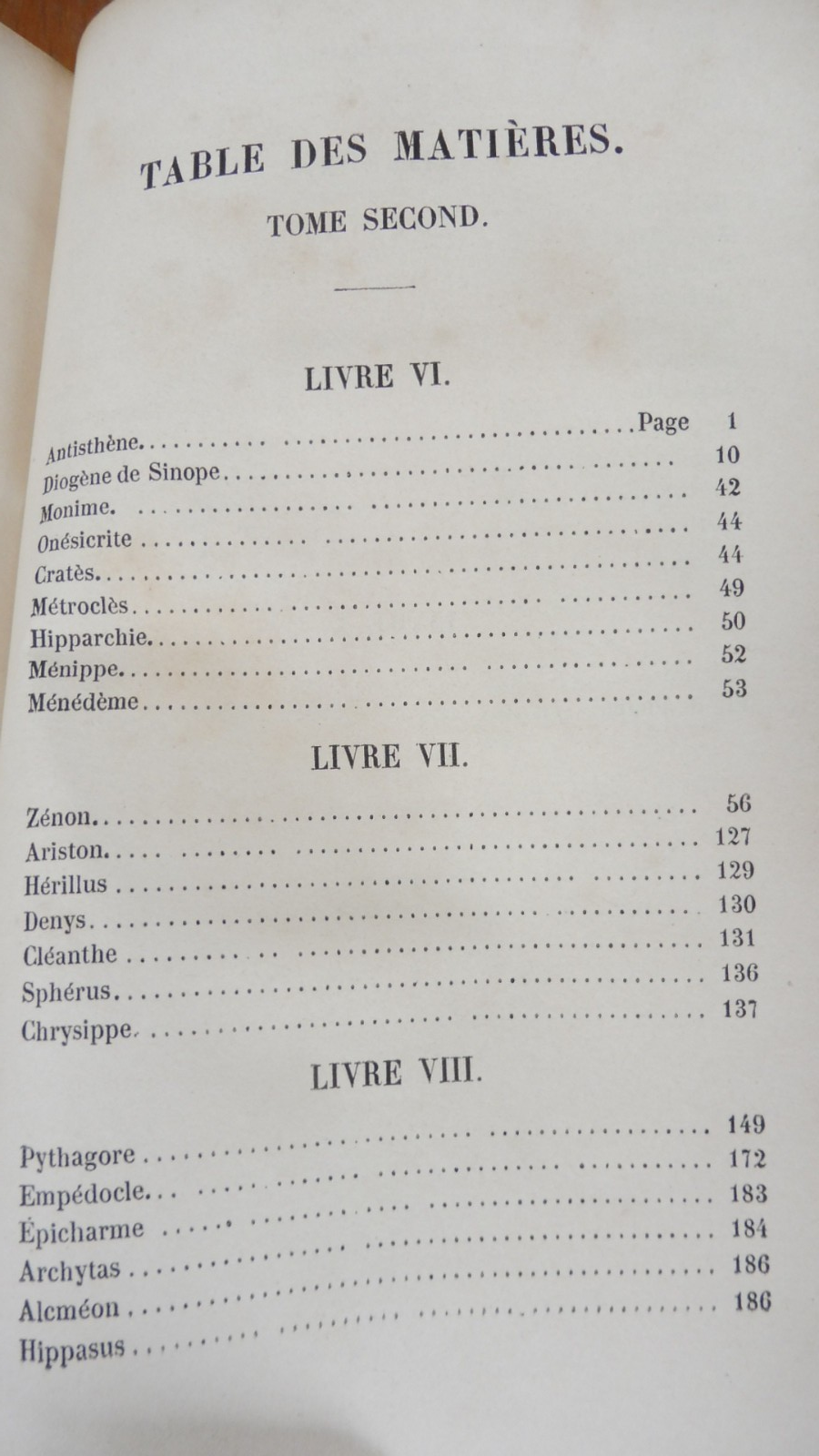 Diogène de Laerte (Ch. Zevort trad.) 1847 2 tomes en 1 vol. COMPLET