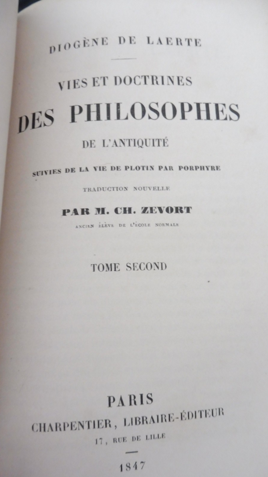 Diogène de Laerte (Ch. Zevort trad.) 1847 2 tomes en 1 vol. COMPLET