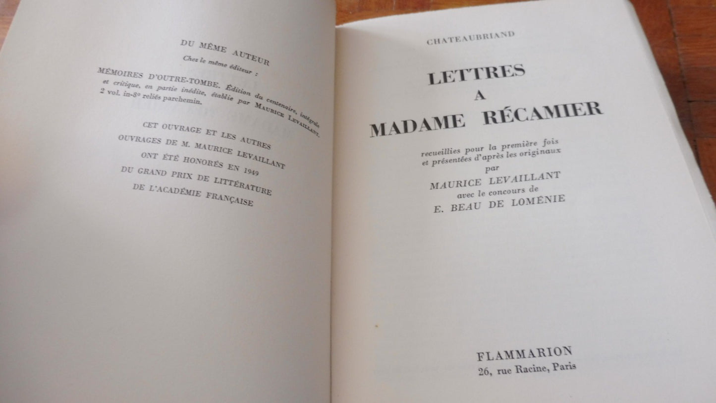 Lettres à Madame Récamier (Chateaubriand) 1951 Papier du Marais