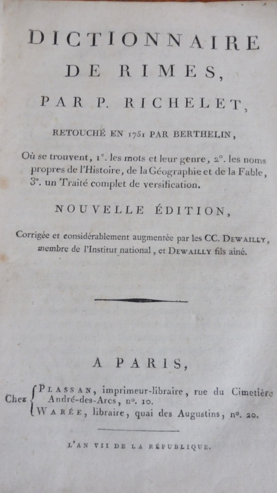 Dictionnaire de rimes (Richelet) an VII