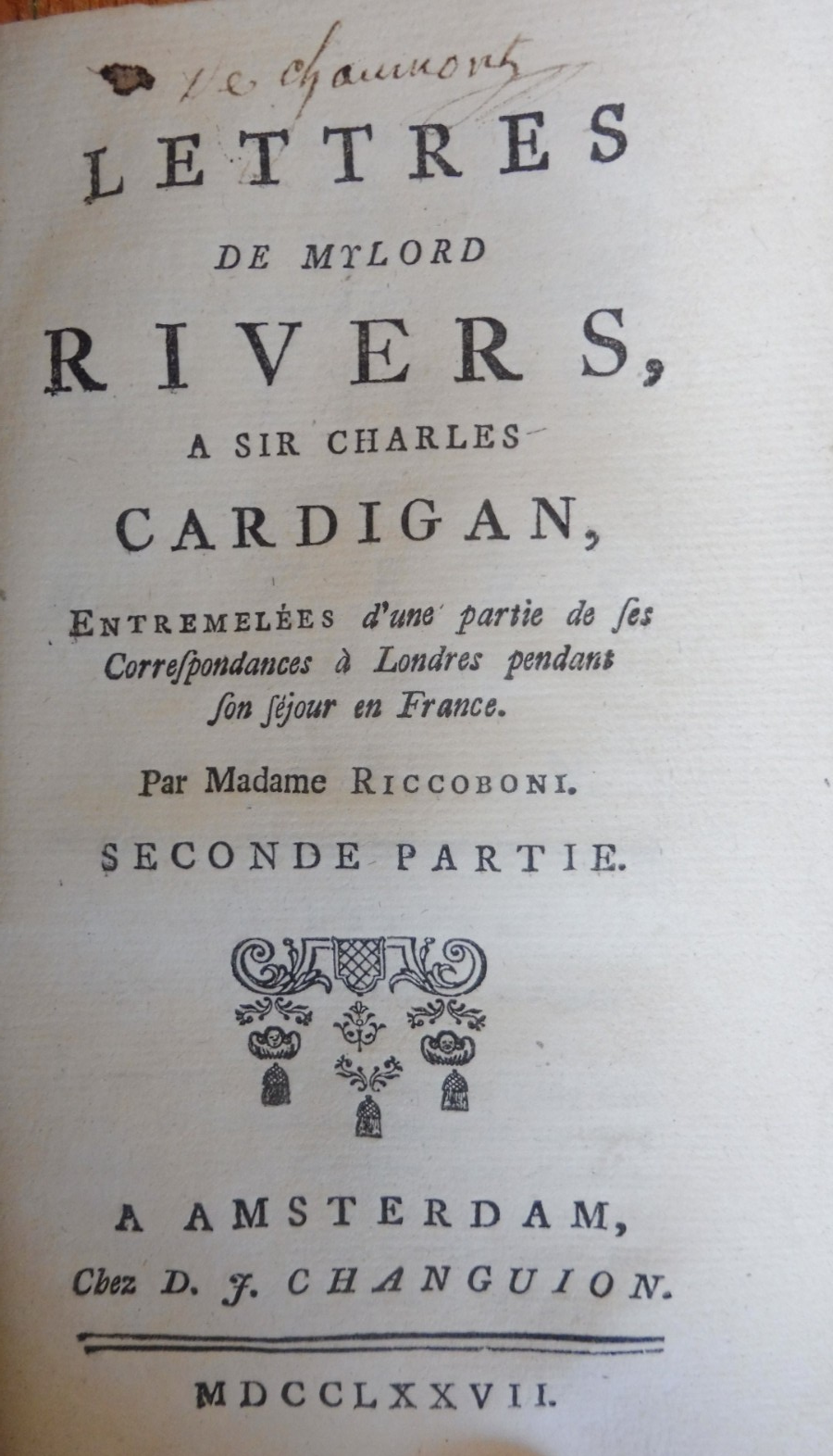 Lettres de Mylord Rivers à Sir Charles Cardigan (Riccoboni) 1777 2 t. en 1 vol.