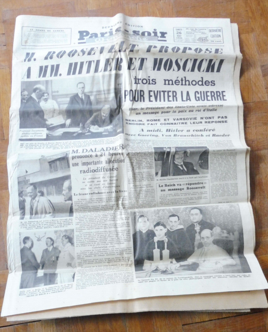 Paris Soir 26 août 1939 NEGOCIATIONS ROOSEVELT HITLER PIE XII