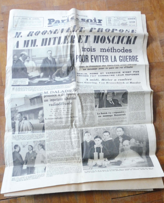 Paris Soir 26 août 1939 NEGOCIATIONS ROOSEVELT HITLER PIE XII