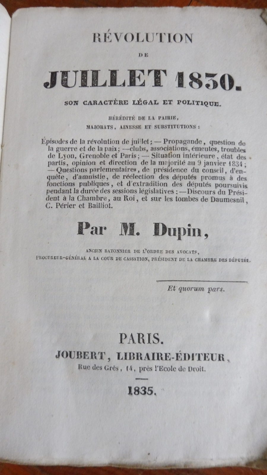 Révolution de juillet 1830. Son caractère légal et politique (Dupin) 1835