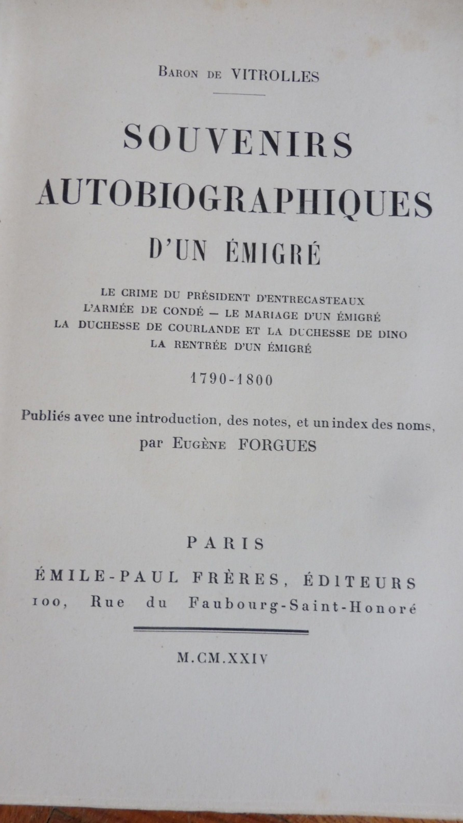Souvenirs autobiographiques d'un émigré (Baron de Vitrolles) 1929