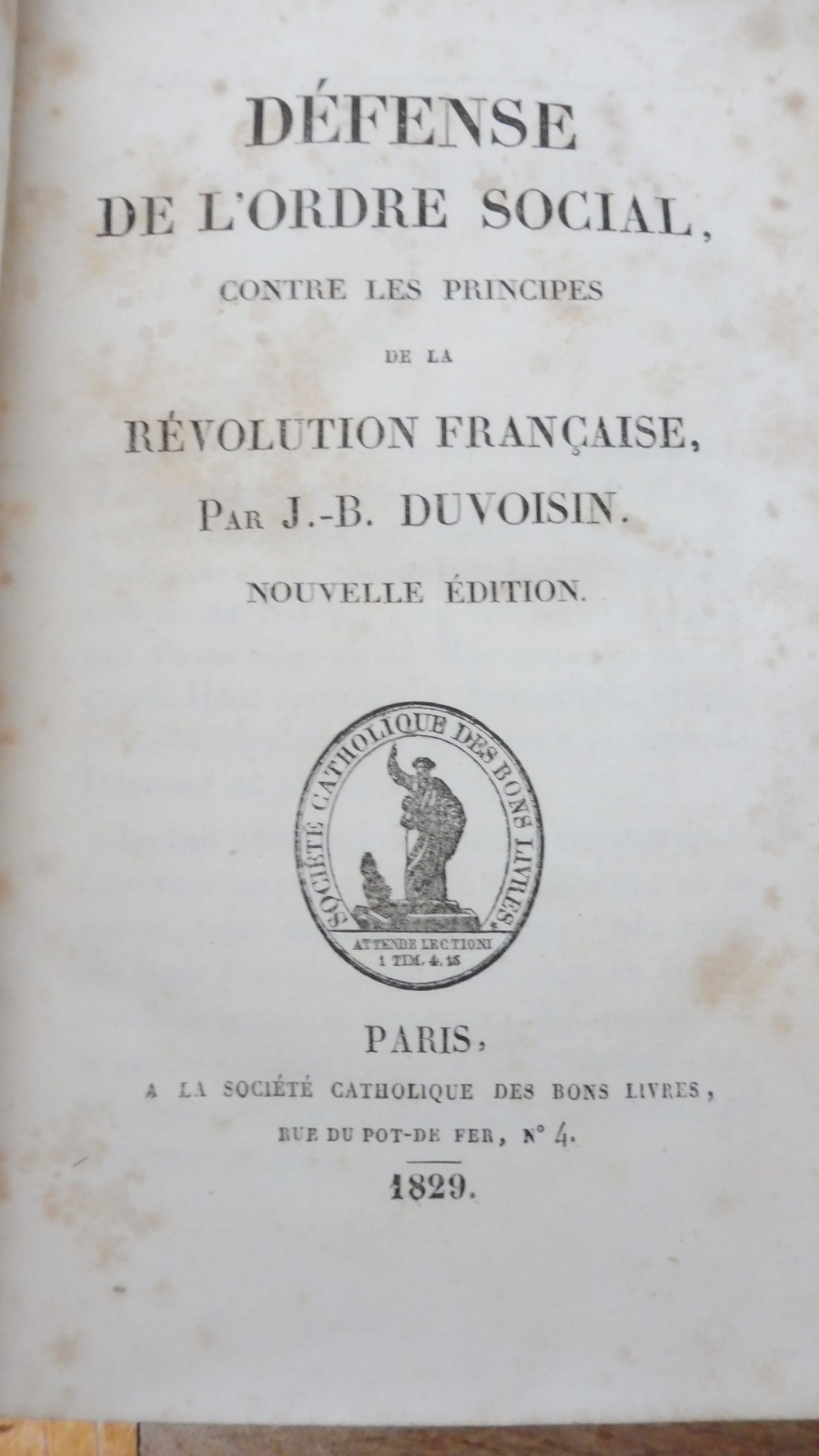 Défense de l'ordre social contre les principes de la révolution frrançaise (Duvoisin) 1829