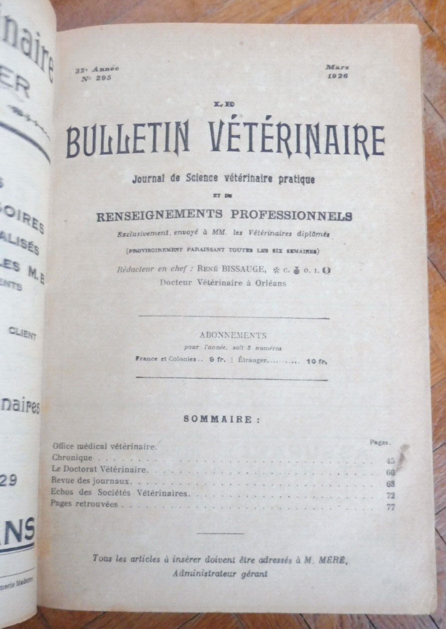 Bulletin vétérinaire 1926-1929 (René Bissauge) LOIRET