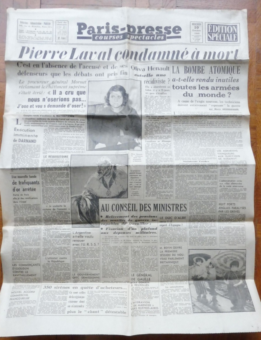 Paris-presse 10 octobre 1945 LAVAL CONDAMNE HIROSHIMA