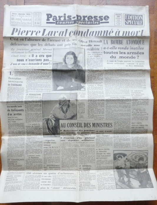 Paris-presse 10 octobre 1945 LAVAL CONDAMNE HIROSHIMA
