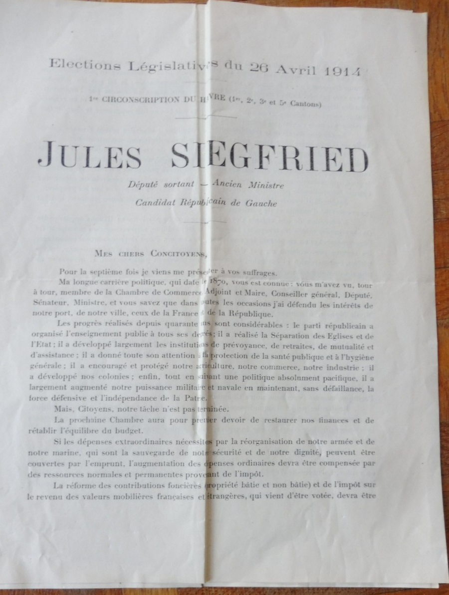 Profession de foi. Elections législatives du 26/04/1914 (Jules Siegfried) 1914