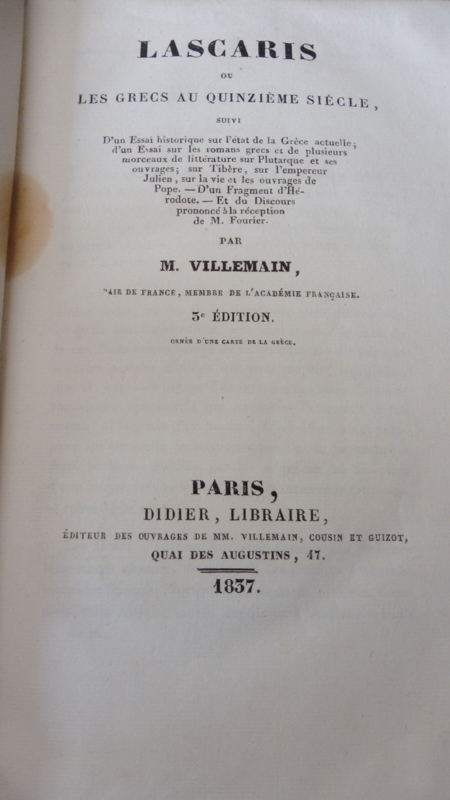 Lascaris ou les grecs au quinzième siècle (Villemain) 1837