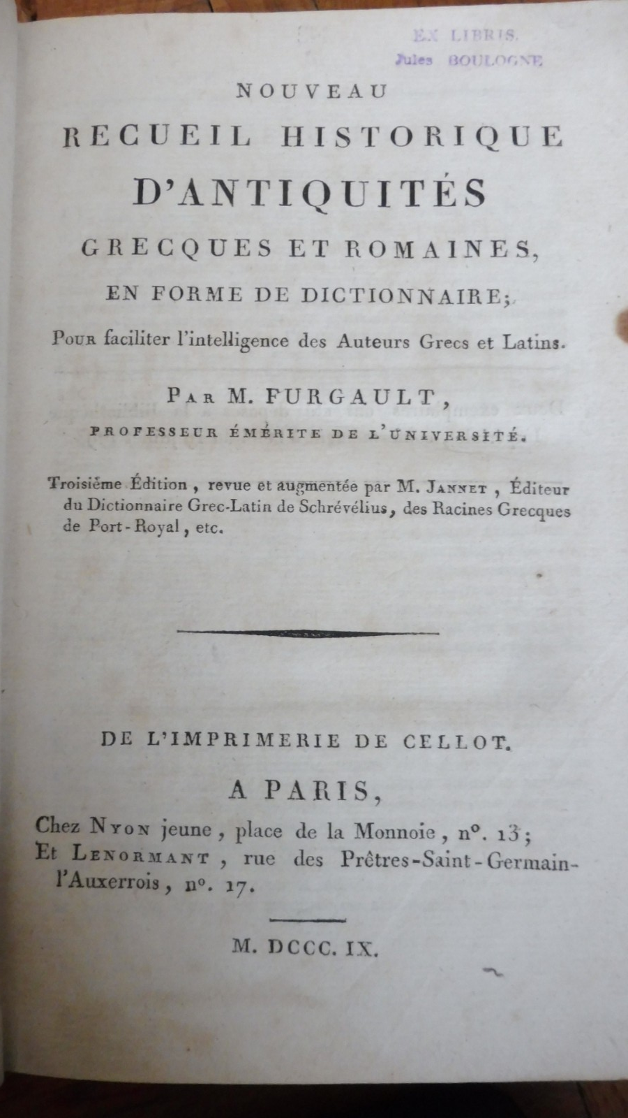 Dictionnaire d'antiquité grecques et romaines (Furgault) 1809