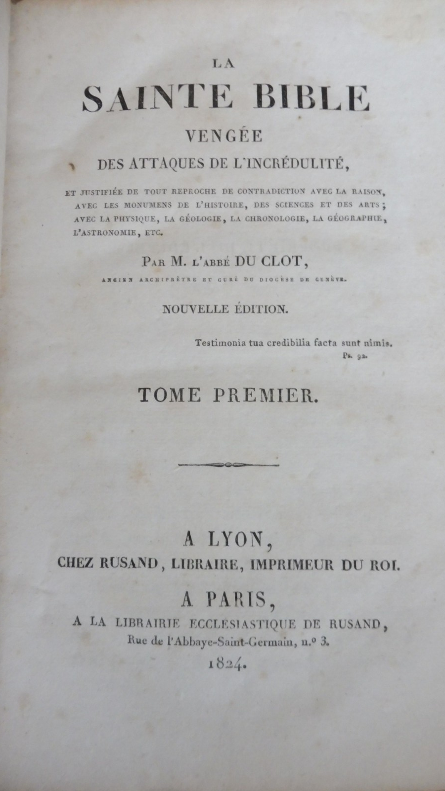 La Sainte Bible vengée des attaques de l'incrédulité (Du Clot) 1824 6/6
