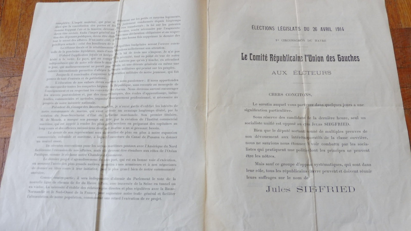 Profession de foi. Elections législatives du 26/04/1914 (Jules Siegfried) 1914