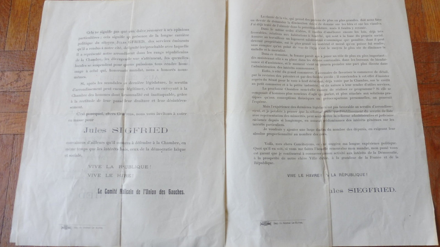 Profession de foi. Elections législatives du 26/04/1914 (Jules Siegfried) 1914