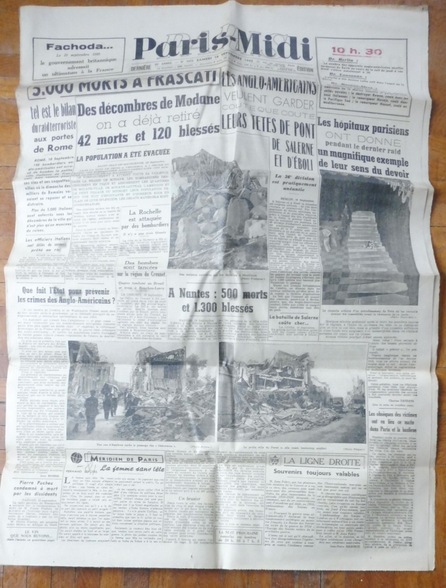 Paris-Midi 18 sept. 1943 BOMBARDMENTS NANTES FRASCATI