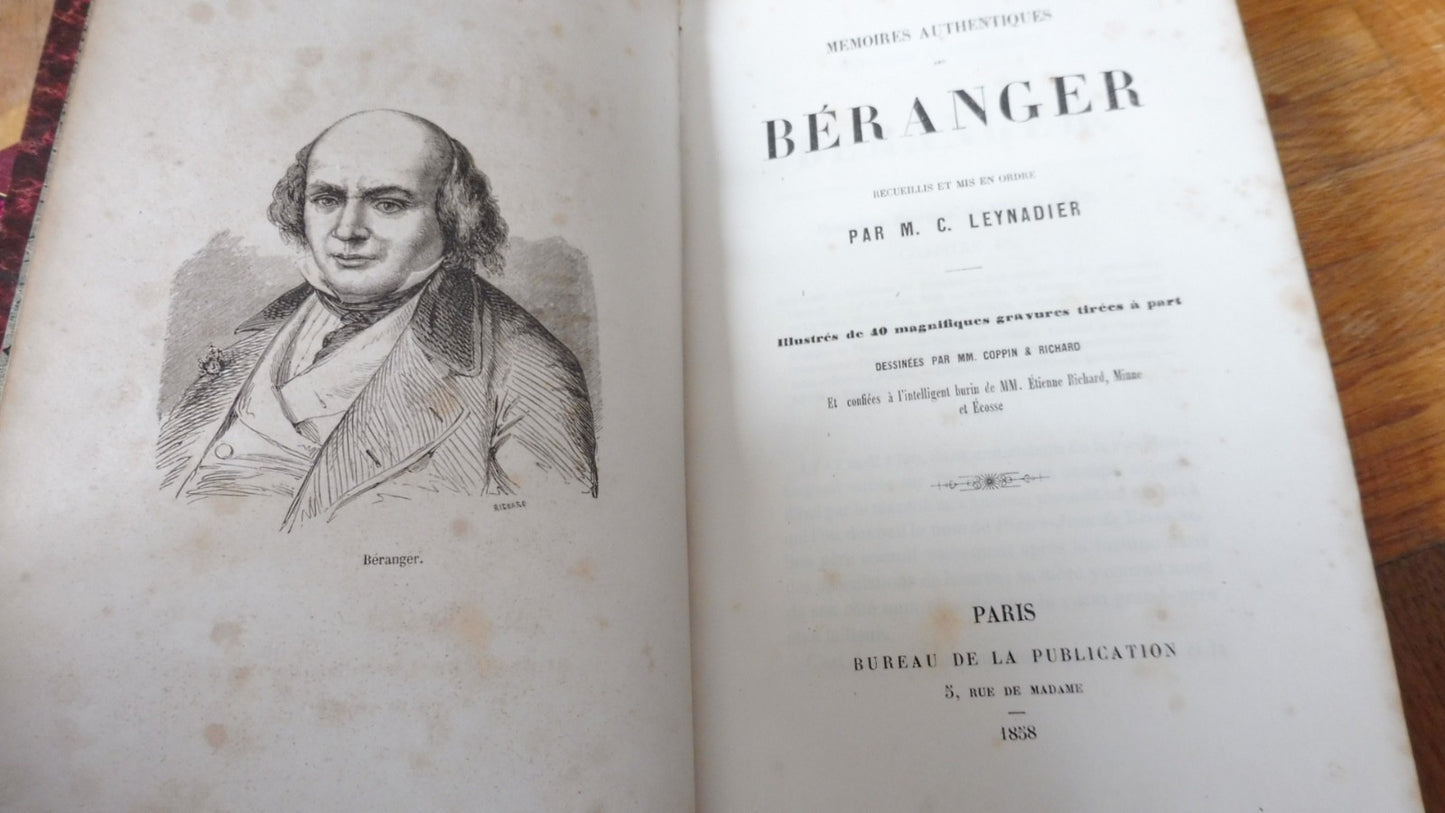 Mémoires authentiques de Béranger (M. C. Leynadier) 1858 illus. Coppin & Richard